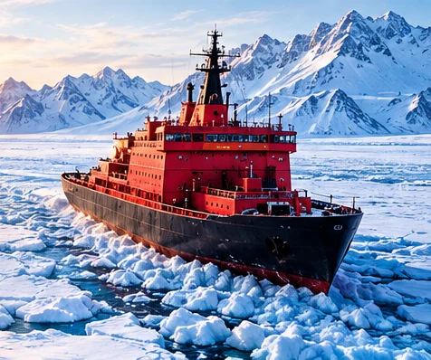 Un rompehielos rojo avanzando entre el hielo frente a montañas nevadas al amanecer