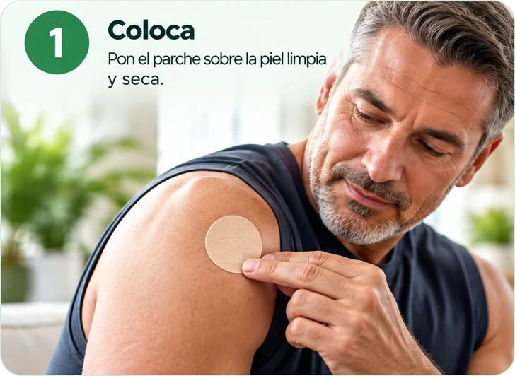Paso 1, Coloca: pon el parche sobre la piel limpia y seca. Un hombre se coloca un parche en el hombro.