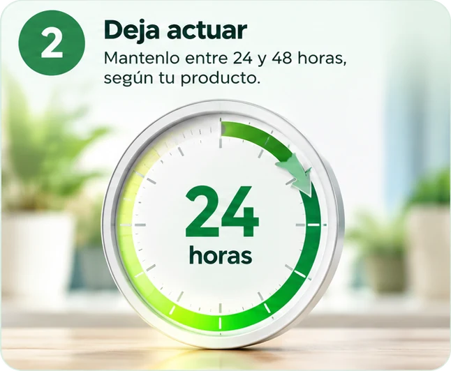 Paso 2, Deja actuar: mantenlo entre 24 y 48 horas, según tu producto. Un reloj marca 24 horas.